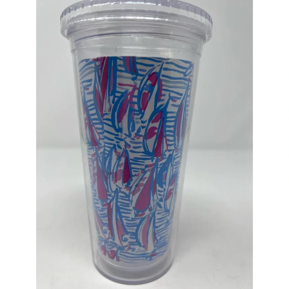 Lily Pulitzer Sailboat Tumbler Drinking Cup Pink Sailboats Light Blue Background